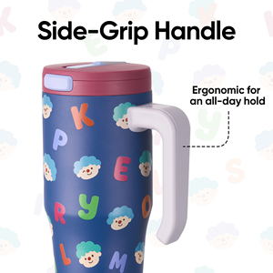 Gobelet isotherme en acier inoxydable à motif dessin animé avec poignée, couvercle à bouton-poussoir, paille en silicone, compatible porte-gobelet de voiture, tasse de voyage sous vide - Product Image 5