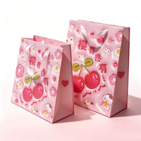 Sacs cadeaux en papier écologiques avec imprimé lapin cerise 3D mignon, poignées en ruban blanc, sacs fourre-tout rose bonbon pour supermarché et enfants