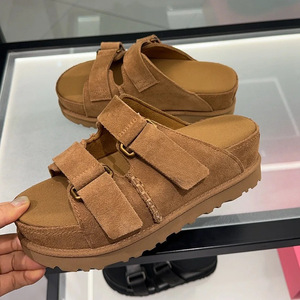 Brown Khaki Velcro Flat Sandals Women Open <b>Toe</b> Anti-Slippery Beach Shoes Slip-On Genuine Leather Upper Thick Sole Outdoor Heel - Product Image 2