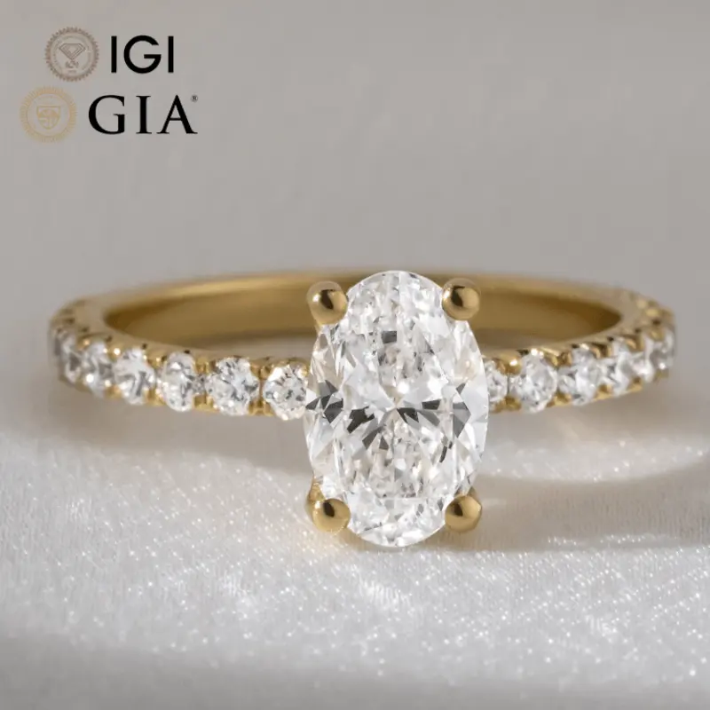 Custom Gia Igi Certified Vvs Cvd Lab Grown Created Diamond 10k 14k 18k Gold Oval Cut Pave Yellow Gold Engagement Ring