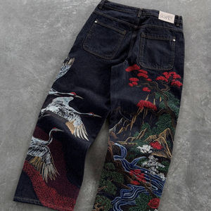 Retro Y2k <strong>Custom</strong> Private <strong>Label</strong> 3d Embroidery Flare Straight Leg Oversized Graphic Distressed Heavyweight Denim Cotton <strong>Jeans</strong> - Product Image 1
