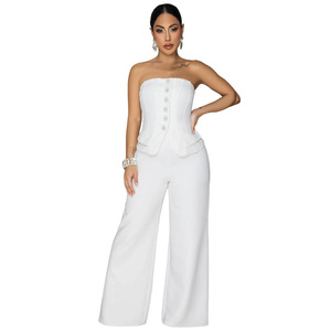 <span class=keywords><strong>Combinaison</strong></span> <span class=keywords><strong>pantalon</strong></span> longue pour <span class=keywords><strong>femme</strong></span>, sans bretelles, ornée de strass et de boutons, coupe large, sans manches, taille haute, style moulant et formel - Product Image 4