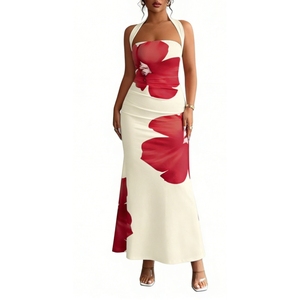 ชุดเดรสแม็กซี่เดรสพิมพ์ลายดอกไม้แบบคล้องคอสำหรับผู้หญิง - ชุดเดรสแฟชั่นแบบไม่มีแขน - Product Image 1