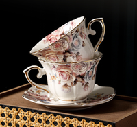 Service à thé en porcelaine fine plaqué or style élégance européenne, motif rose bleue vintage - Tasses et soucoupes sans BPA, compatibles lave-vaisselle