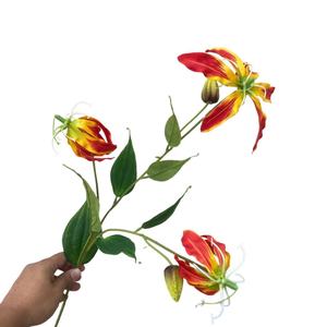 Gloriosa Flame Lily Artificial <b>Flowers</b> 3-Head Sunset Red Silk High Simulation Wedding Home Decor - Product Image 3