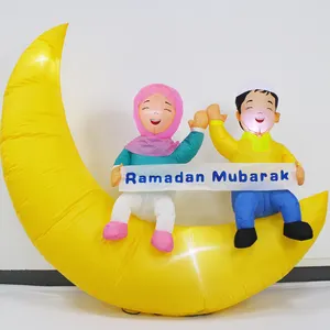 Custom 2024 Muslim Festival Inflatable EID people Sitting on Moon With Banners Outdoor inflatable Ramadan decorations