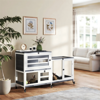 Cage à lapin moderne en bois pour intérieur avec roulettes, plateaux de nettoyage amovibles, rampe connectée, pour hamsters et petits animaux, écologique