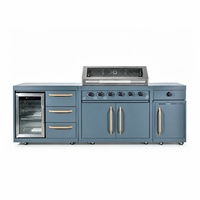 Barbecue au gaz commercial gris à 6 brûleurs, cuisinière d'extérieur avec armoire latérale et système de grillades roulantes