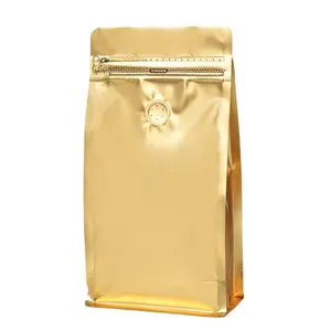 Gold Goil Stand-Up Coffee Bean Bag Papel de aluminio Paquete de fondo plano Válvula Plástico Paquete de negocios pequeños Café Comida Uso industrial