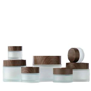 Tùy chỉnh 20g 50g 100g lọ thủy tinh mỹ phẩm tùy chỉnh chăm sóc da lọ thủy tinh mờ với quả óc chó màu hạt gỗ nắp - Product Image 1