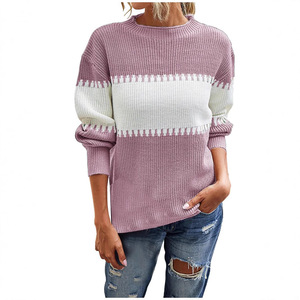 Women's Korean version color <b>block</b> pullover striped sweater with regular sleeves, winter fashion knitted and woven - Product Image 1