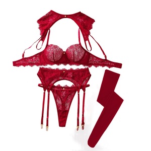 Set Lingerie 4 Potong Eyelash Lace Dengan Cape Bahu Lepas Pasang Hitam Burgundy S-L - Product Image 5