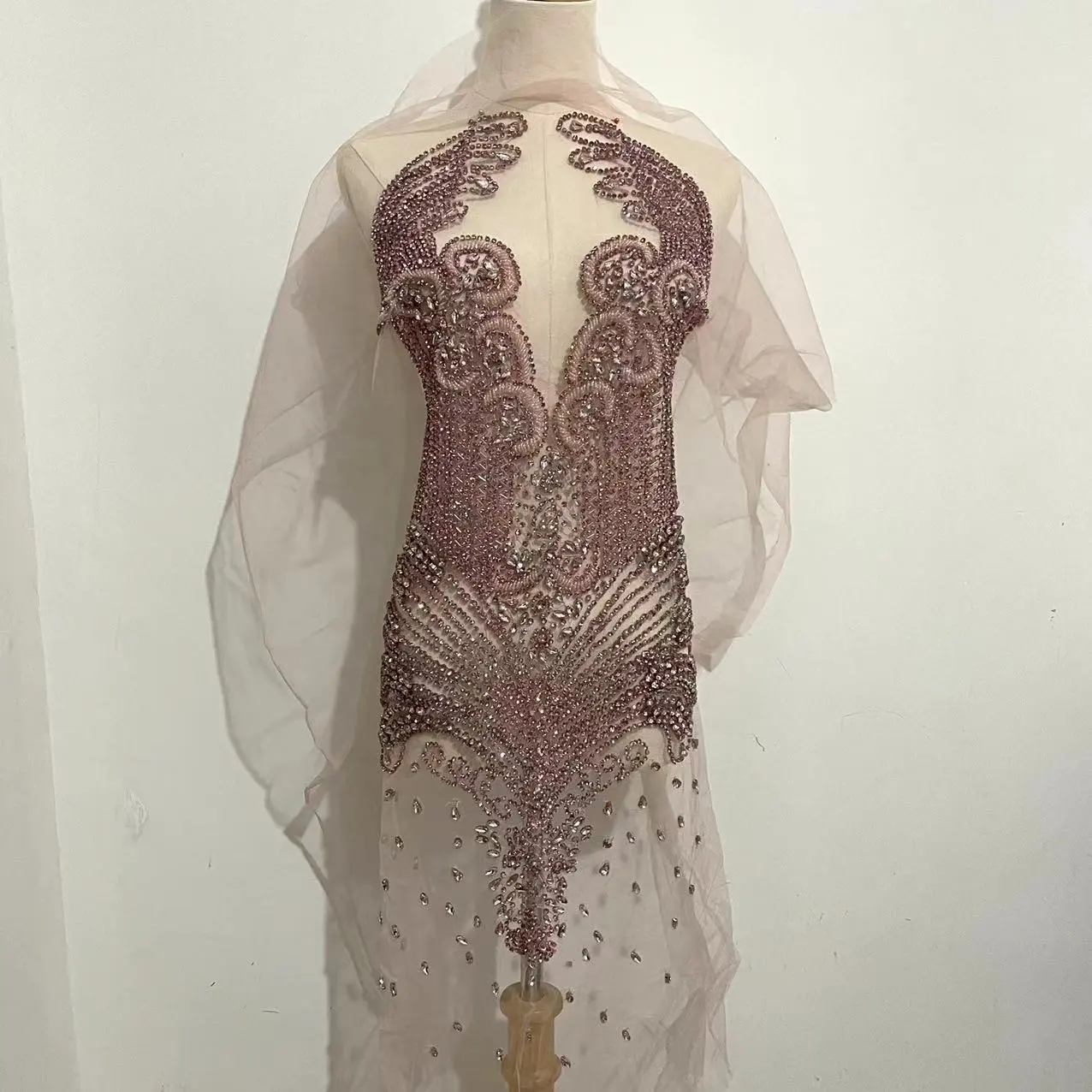 Long full body Wedding Dress bodice Sexy stone beaded rhinestone mesh lace applique bodice