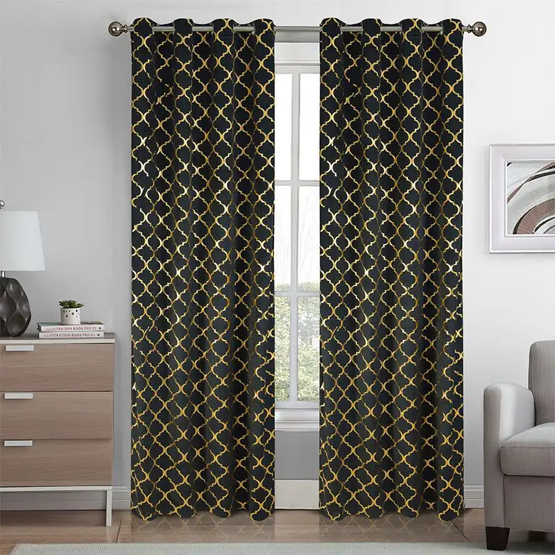 Amity Fashion Geometric Patterns Foil Printed Thermal Curtains For Bedroom Eyelet Window Curtains For Living Room