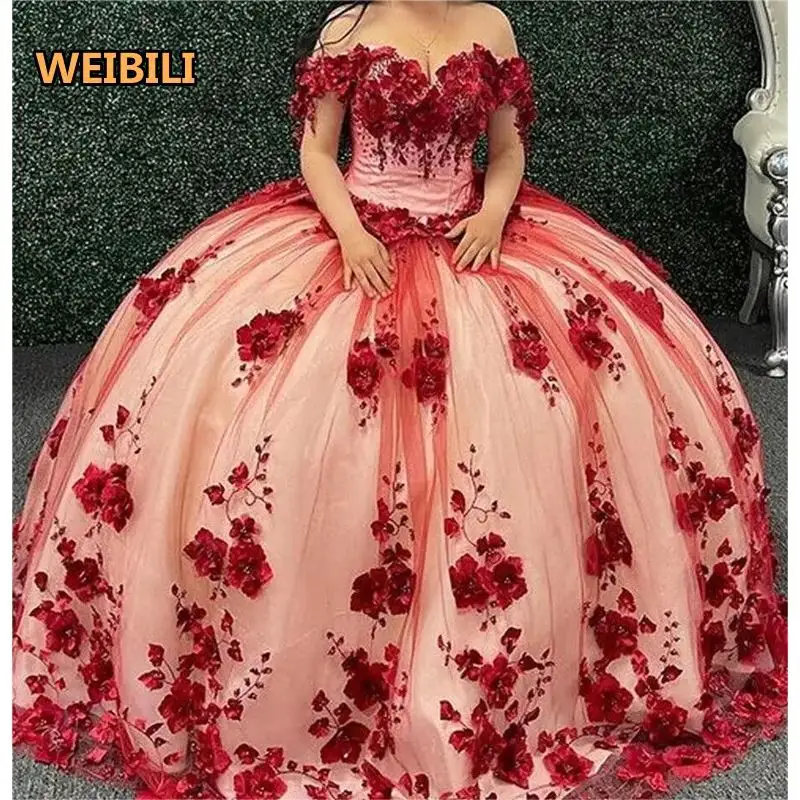 लाल Tulle Quinceanera कपड़े गेंद गाउन जन्मदिन की पार्टी पोशाक फीता अप स्नातक गाउन vestidos 2023