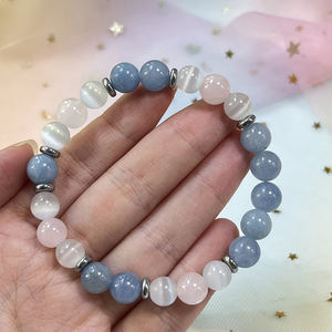 Pulsera de piedra natural con cuentas redondas hechas a mano de Aguamarina, cuarzo rosa y selenita de 8mm para pulsera de paz interior, amor y Coura - Product Image 2