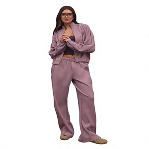 Custom Women <b>Tracksuit</b> Set Zip Up Cropped Hoodie High Waist Pants Dusty <b>Pink</b> Casual Loungewear Athletic Sportswear Wholesale OEM - Product Image 1