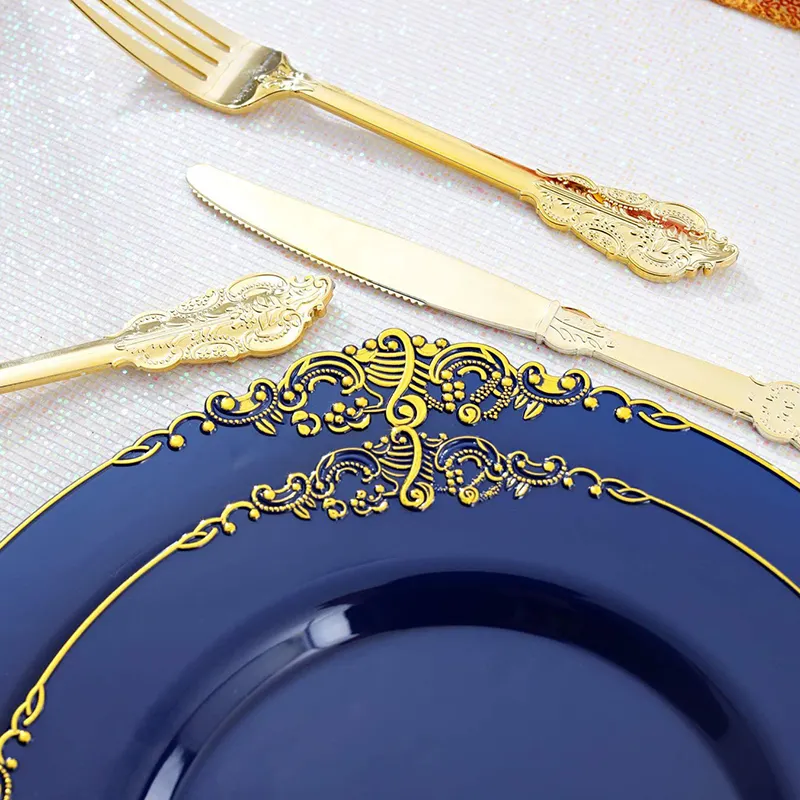 Set di stoviglie in plastica infrangibile Set di piatti in plastica per matrimoni blu Navy Set di stoviglie per piatti per decorazioni per feste