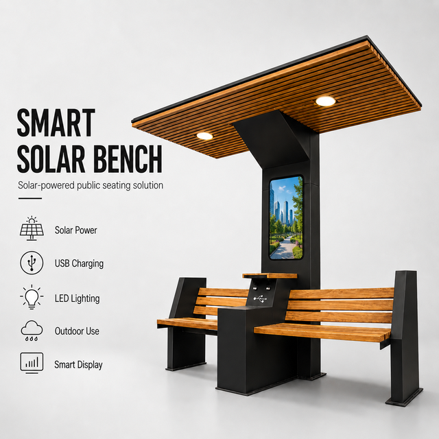 Outdoor  Canopy Smart Bench Wooden Slat Seat With LED Ceiling Light USB Charging Station Advertising Screen Solar Shelter Bench