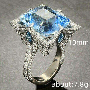 Anello da Cocktail F422 per Donna con Acquamarina Naturale Taglio Smeraldo e Incastonatura a Pavé, Anello di Fidanzamento alla Moda - Product Image 2