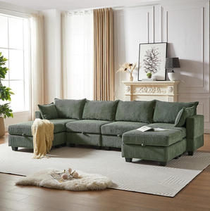 Modern Corduroy Convertible <b>U</b>-Shaped Modular Sofa Bed Set with Chaise and Six Modules Memory Foam Filled Wood Legs - Product Image 1