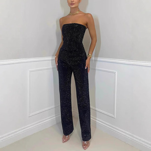 Fashion Summer Party Club Outfits Women Sexy Strapless Corset Tank Tops Straight Leg Jeans <strong>Sequins</strong> Denim <strong>Two</strong> <strong>Piece</strong> <strong>Set</strong> - Product Image 2