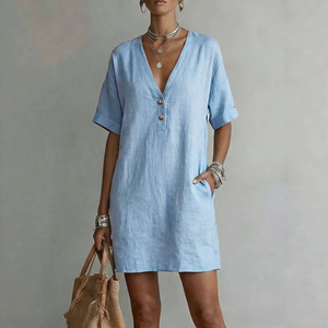 Vestido de poliéster de longitud media con botones y bolsillos, informal y cómodo, para <span class=keywords><strong>mujer</strong></span>, novedad de verano 2026 para el mercado europeo y americano. - Product Image 4