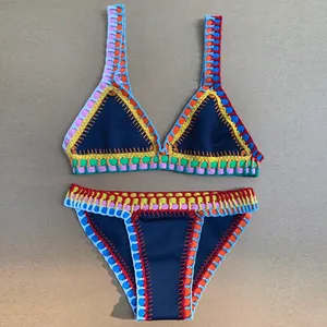 Dames Handgemaakte Gehaakte Bikini Set Badpak Handgemaakte Driehoekige Badkleding Navy Strandkleding Badpak