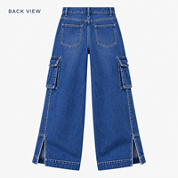 Jean en denim taille haute personnalisé pour femme, avec franges, patchwork étoile, poches cargo et coupe large pour tenue quotidienne