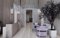 Service de décoration de salon de beauté de luxe, système mural d'exposition arqué sur mesure et rénovation de présentoir à vernis à ongles