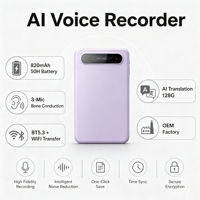 Enregistreur vocal IA et prise de notes - 50H, transcription IA et assistant vocal, conduction osseuse 3 micros, carte TF 128 Go, Type-C, OEM