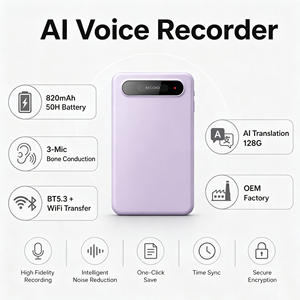Grabadora de Voz con IA y Asistente de Notas - 50H, Transcripción por IA y Asistente de Voz, Conducción Ósea de 3 Micrófonos, 128G TF, Tipo-C, OEM - Product Image 1