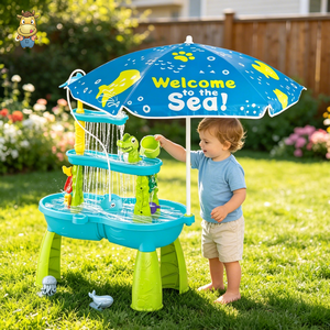 Table de jeu sensoriel extérieure 3 niveaux avec parasol, thème crocodile et dauphin, pour tout-petits, idéale pour la plage, vente en gros OEM - Product Image 3