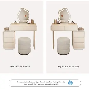 Table de toilette moderne <span class=keywords><strong>avec</strong></span> miroir et rangement, finition blanc crème en bois massif, idéale pour les petites chambres - Product Image 3