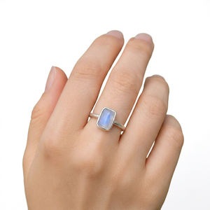 Beautiful Custom Made Raw Rough Rainbow <b>Moonstone</b> Classic Christian Minimalist 925 Sterling Silver Bezel <b>Ring</b> 7x9mm Women's - Product Image 1
