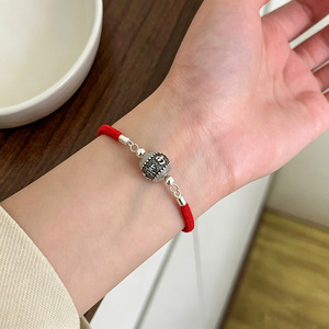 S925 Sterling Silver Fortune Character Red <b>Rope</b> <b>Bracelet</b> For Women Everyday Wear Antique Finish - Product Image 1