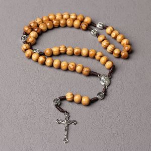 Rosario Católico de Cuentas de Madera Natural, Madera de Pino Tejida, Colgante de la Virgen María con Tierra Sagrada, Cruz de Jesús, Venta al por Mayor - Product Image 1