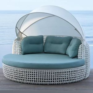 Cama de Ratán con Toldo, Mesa de Centro de Ratán Color Café, Combinación Redonda de 1.8m, Sofá Cama para Exteriores - Product Image 4