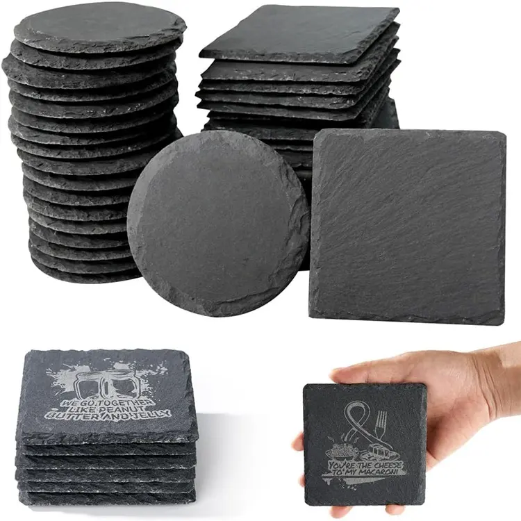 Wholesale Slate Drink Coaster 4 Inch Natural Round Square Thick Coaster Slate White Drink Tea Coffee Sushi Coaster with Stand