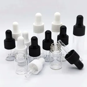 1ml 2ml 3ml 5ml ขวดหยดแก้วใสขนาดเล็กพร้อมฝาดําสําหรับขวดน้ํามันหอมระเหยภาชนะบรรจุเครื่องสําอาง