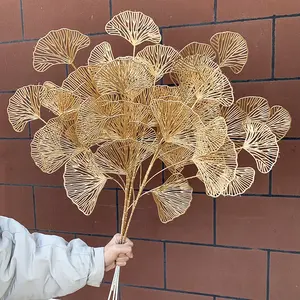 New Arrivals 3 Forks Golden Ginkgo Biloba Leaf Artificial Flowers In Bulk For Home Decoration