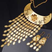 Parure de bijoux plaqué or 24 carats avec pampilles florales, style Moyen-Orient, pour mariée : boucles d'oreilles, bague, bracelet, collier, ensembles de bijoux de mariage