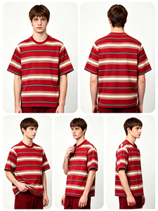 Camiseta de <span class=keywords><strong>Hombre</strong></span> a Rayas Horizontales Rojas, <span class=keywords><strong>Blancas</strong></span> y Azules, Cuello Redondo, Corte Holgado, 100% Algodón, Manga Corta para Uso Diario - Product Image 6