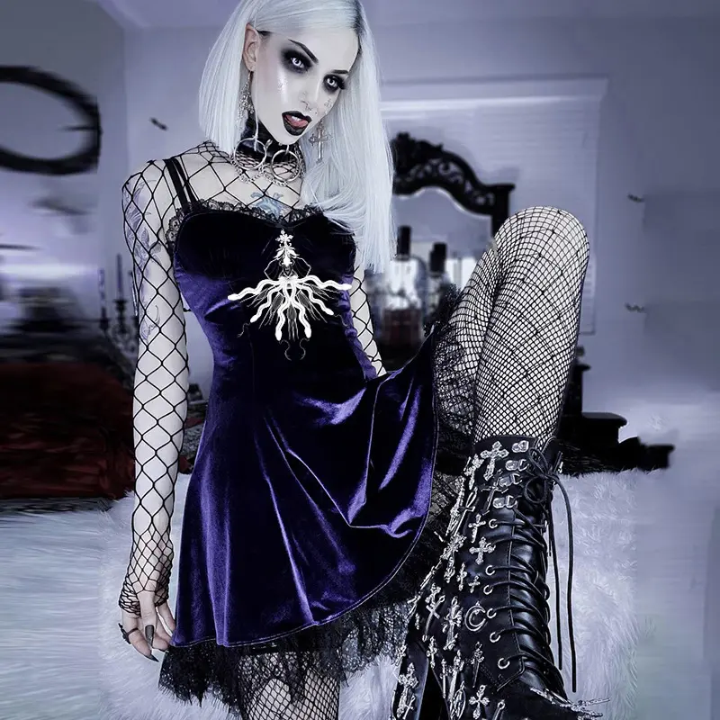 Hot Gothic Vintage Sexy Lace Up abito nero Goth estetico maglia manica lunga Mini abito donna Harajuku abito da festa a vita alta