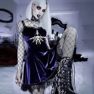 Venta al por mayor 14 ropa de manga larga-Caliente gótico Vintage Sexy de encaje negro vestido Goth estética de malla de manga larga Mini vestido de las mujeres Harajuku alta cintura vestido de fiesta