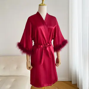 T-025 Wedding supplies Luxury Feather Soft Satin Silk womens sleepwear Kimono Robes For Bride and Bridesmaid
