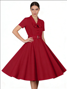 Vestido de poliéster de cintura alta con lazo y cuello en V, estilo retro vintage Hepburn, que estiliza la figura, para mujer - ¡Gran oferta! - Product Image 6