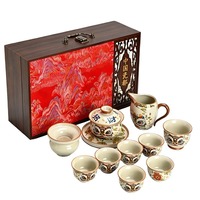 Service à thé en céramique style chinois motif danse du lion avec coffret cadeau – Cadeau d'affaires culturel