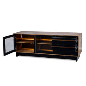 Mueble para TV Bajo Oxberg en Negro y Madera Natural con Puertas de Vidrio, Cajones e Iluminación LED en el Estante - Product Image 1