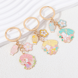 Lovely Cute Japanese Zinc Alloy Enamel Carabiner Keychain Cherry Blossom Kimono Umbrella <strong>Sweet</strong> Style Women Girls Friendship <strong>Gift</strong> - Product Image 1